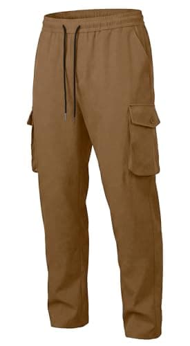 DISLANBO Men's Lightweight Cargo Pants Elastic Drawstring Casual Relaxed Fit Tapered Pants Multi Pockets Coffee S
