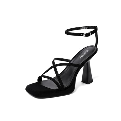 Reitoye Black Suede Heels for Women Platform High Chunky Heels Square Open Toe Heeled Sandals Ankle Strap Block Heels Size 9.5