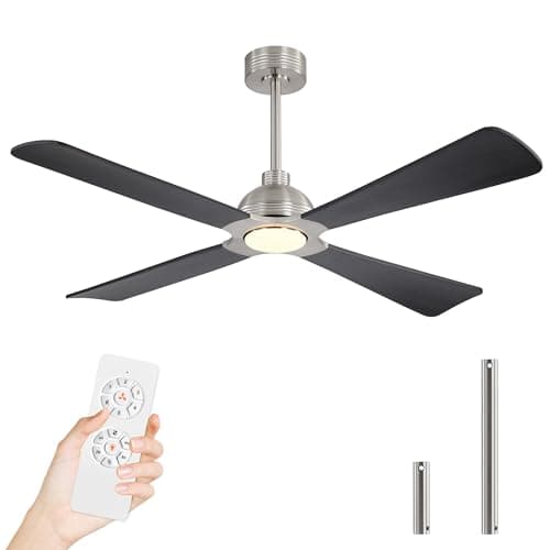 WINGBO 56 Inch DC Ceiling Fan with Lights and Remote, 4 Solid Wood Blades, 3CCT, 6-Speeds Reversible DC Motor, Modern Ceiling Fan for Bedroom Living Room Kitchen, Brushed Nickel and Black