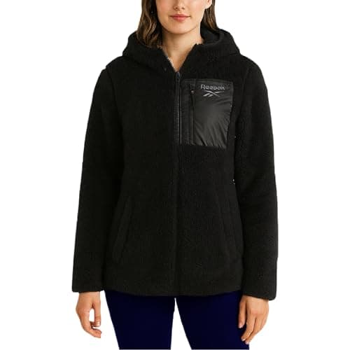 Reebok Womens Sherpa Fleece Jacket - Fur Teddy Coat Soft Sherpa Jacket Women Zip Up Hooded Winter Coats for Women Outerwear, Size Medium, Jet Black