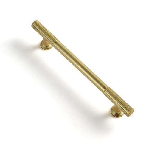 Goo-Ki Brushed Brass Zinc Alloy Cabinet Handles - 5.03''(128mm) Hole Center Striped Decorations Cabinet Pull Hardware for Bedroom, Kitchen, 6 Pack