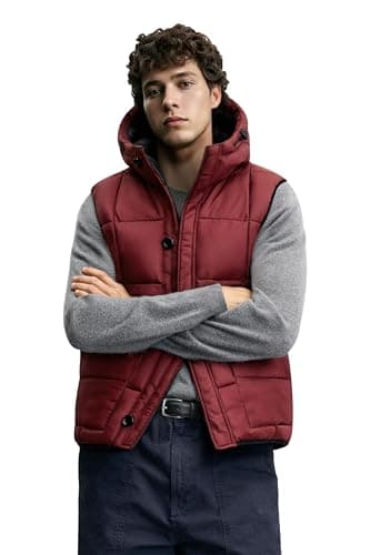 MADHERO Men's Puffer Vest with Hood Water-Resistant Puffy Vests Outerwear Sleeveless Jacket Burgundy Size S