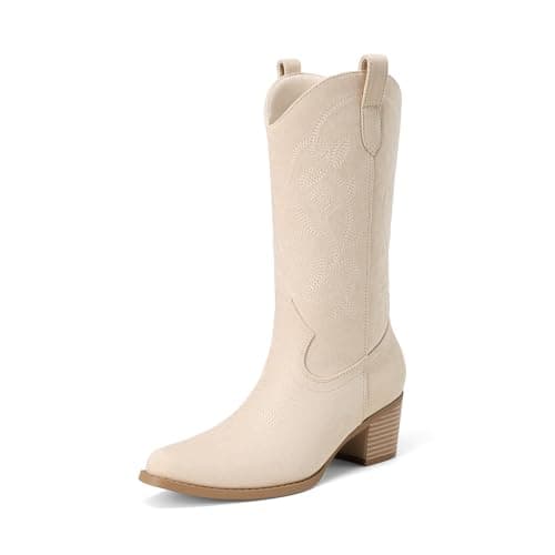 DREAM PAIRS Cowboy Boots for Women Cowgirl Western Boots Fashion Embroidery Stitched Chunky Heel Mid Calf Boots,Size 6,Beige,SDMB25003W-1