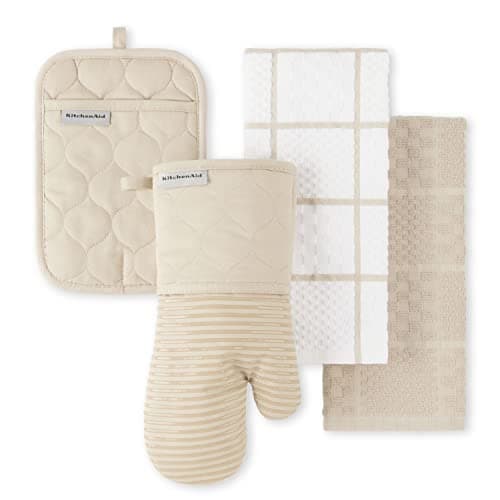 KITCHENAID Quilted Cotton Terry Cloth Oven Mitt, Pot Holder, Kitchen Towel 4-Pack Set, Heat Resistant, Silicone Grip, 16"x26", 7"x13" & 7"x10", Milkshake