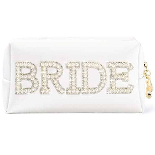 SOIDRAM Bride Makeup Bag Cosmetic Bag PU Leather Toiletry Bag Pearl Rhinestone Letter Patches Bling Bride Gifts Zipper Purse Travel Organizer for Women