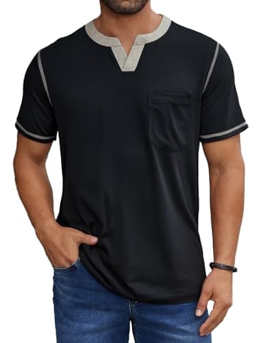 LuxMania Men's Fashion Short Sleeve Summer V Neck T-Shirt Tops Whith Pocket Solid Black M