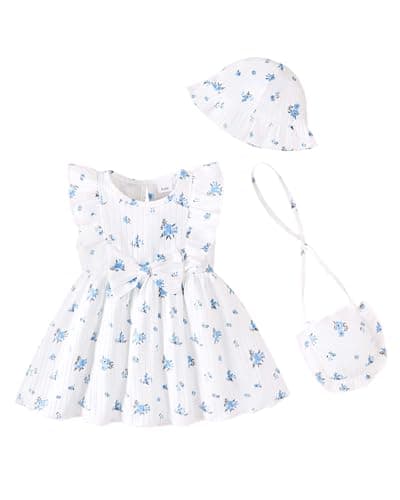 Renotemy Toddler Girl Summer Dress Baby 3T Girl Clothes 4T Big Bow White Sun Dress with Hat and Bag Beach Ruffle Sleeveless Dresses Birthday Party Causal Cute Blue Flower Girls Dress Size 3T 4T