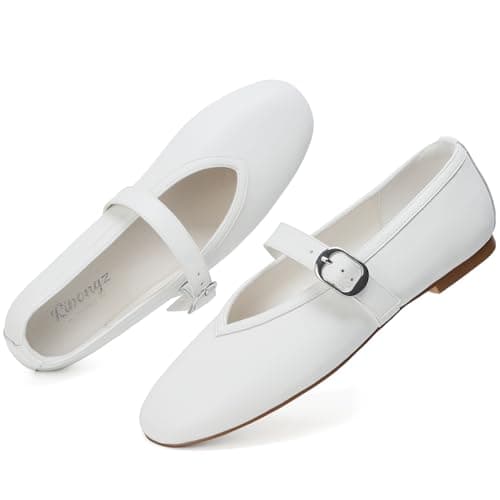 RIBONGZ Women's White Flats Ballet Mary Jane Round Toe Strap Dress Shoes 9
