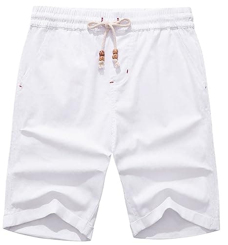 Janmid Men's Linen Shorts Casual Elastic Waist Drawstring Summer Beach Shorts White 3XL