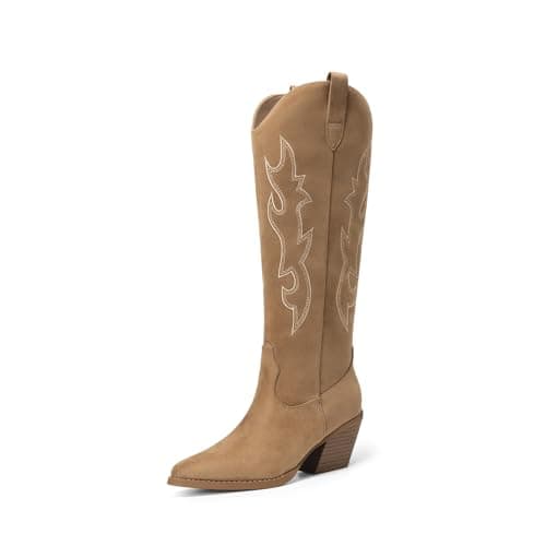 DREAM PAIRS Cowgirl Boots Women Knee High Cowboy Boots Pointed Toe Chunky Block Heel Suede Tall Western Boots with Embroidered,Size 6.5,Brown,SDKB26001W