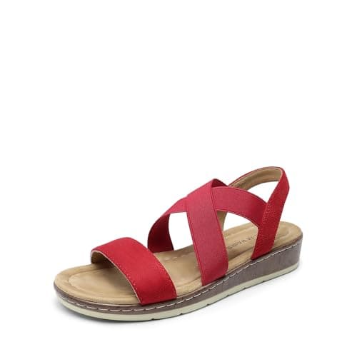 DREAM PAIRS Women's Dressy Slip on Elastic Ankle Strap Summer Wedge Heels Low Wedge Cork Beach Sandals for Women Casual Vacation,Size 8,Red,DWUMFS2505
