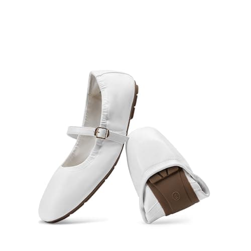 DREAM PAIRS Women's Ballet Flats Foldable Square Toe Mary Jane Flats Comfortable Slip On Dress Shoes Business Casual Work Mary Jane Shoes,Size 7,White,DWUMFA2534