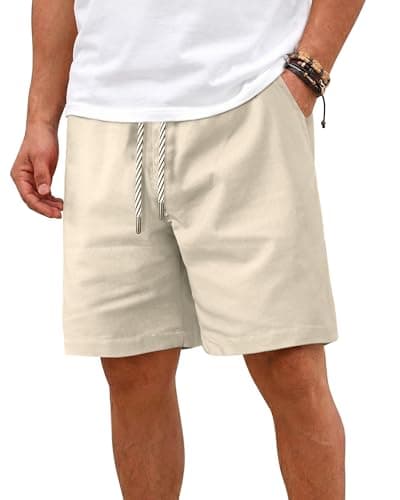 Ntrlv Mens Lounge Shorts 7 inch Cotton Linen Drawstring,Beige M