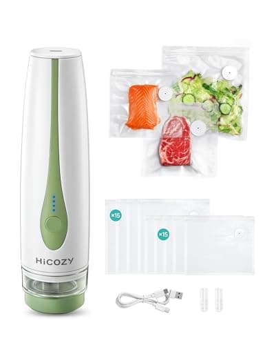 HiCOZY Vacuum Sealer for Food with Visible Water Tank, Powerful Compact Handheld Vacuum Sealer Machine with LED Battery Display, 30 BPA-Free and Reusable Bags, Green