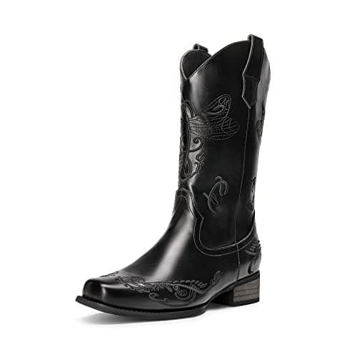 DREAM PAIRS Women's Square Toe Cowboy Cowgirl Boots Pull On Low Chunky Heel Mid Calf Western Boots with Embroidered Stitched for Theme Party Country Concert,Size 6.5,Black,SDMB2220W