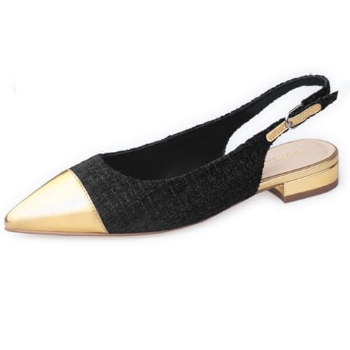 WONDERWAY Women Slingback Flats Tweed Pointed Toe Slingback Flats Cap Toe Dress Shoes for Women(Gold Black,8)