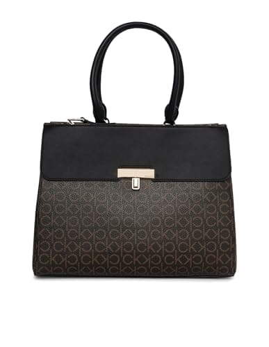 Calvin Klein Women's Becky Tote Bag – 2 in 1, Vegan Leather, Monogram, 3 Pockets, Brown/Khaki/Black, One Size