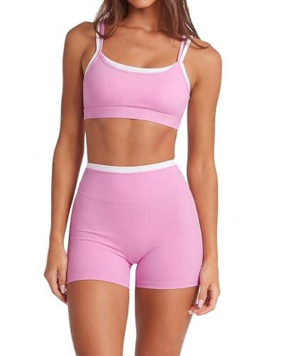 SUUKSESS Women 2 Pieces Workout Sets Padded Spaghetti Straps Tank Tops High Waist Biker Shorts Gym Yoga Active Wear Matching Sets (Light Pink, S)