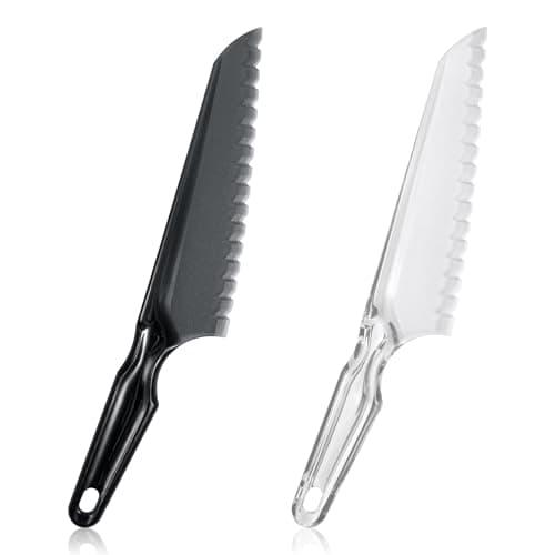 2 Pcs Plastic Vegetable Knife, Serrated Edge Pizza Cutter with Non-slip Handle, Nylon Knives to Prevent Browning, Dishwasher Safe Kitchen Utensils, Perfect for Fruits Bread Cake Salad (Black, White)