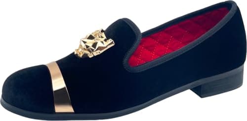 Justar Men's Velvet Loafers Slippers with Gold Buckle Wedding Dress Shoes Slip-on Smoking Flats (12, Black)