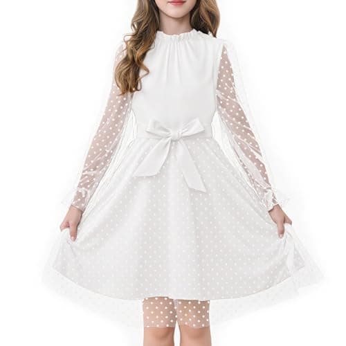 Rolanko Girls Contrast Mesh Dress with Belt, Puff Long Sleeve A-Line Polka Dot Tulle Party Dresses(White, 7-8 Y)