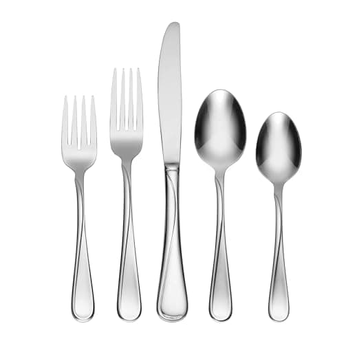 Oneida Silverware Set For 4, Flight 20-Piece Everyday Flatware Set, Service For 4, 18/0 Stainless Steel, Swirl, Mirror Finish, Dishwasher Safe, Knives Spoons and Forks Set, Dining (Silver, 20 Pieces)