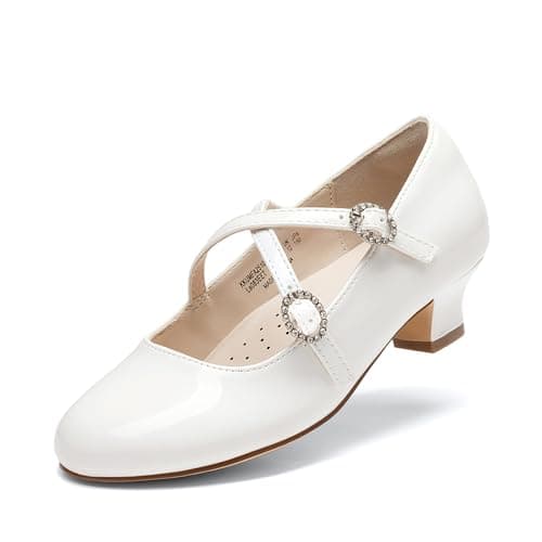 DREAM PAIRS Girls Dress Shoes Mary Jane High Heel Round Toe Straps Pumps Flower Wedding Party Princess Flats for Little/Big Kids,Size 13 Little Kid,White,KKUMFA2510