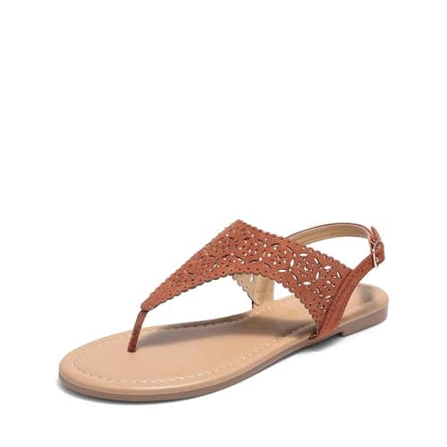 DREAM PAIRS Women's Rhinestone Casual Wear Cute Gladiator Flat Sandals Beach Dressy T-Strap Thong Sandals,Size 5.5,Brown-Suede,MEDINIE