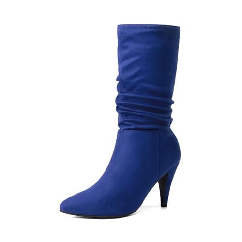 DREAM PAIRS Women's High Heel Mid Calf Boots Slouchy Pointed Toe Fall Boots,Size 5.5,Royal/Blue/Suede,KIMLY
