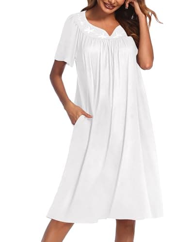 Ekouaer Moo Moos for Women House Dress With Pockets Cotton Nightgowns Short Sleeve Night gowns Embroidered Mumu Dress White