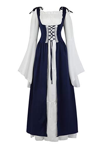 Women's Renaissance Dress Costume Set Medieval Lace Up Maxi Dress Deep Blue