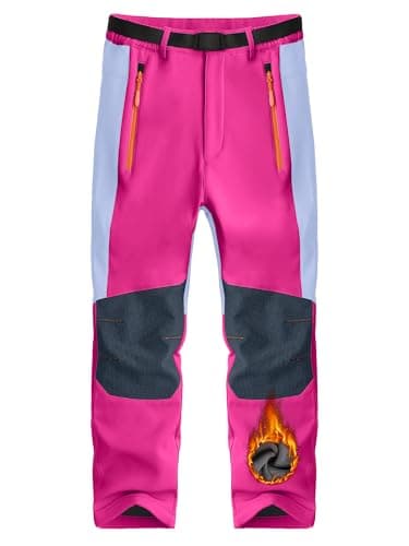 Holure Children's Softshell Fleece Athletic Pants, Waterproof Windproof & Warm Ski Pants with Zipper Pockets.Rose Red 04 8-9Y
