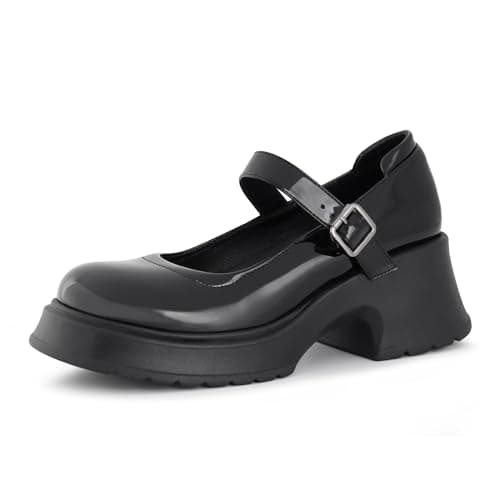 Gemialle Women's Mary Janes Platform Chunky Block Heels Work Wedding Shoes Ankle Strap Gothic Lolita Oxfords Classic Comfortable Uniform Dress Shoes,Black PU 7 M US