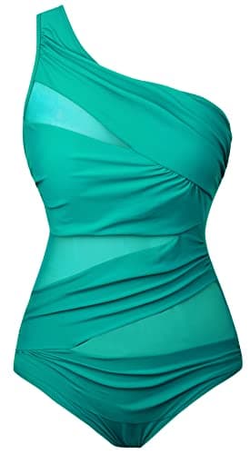 Runtlly Women's One Piece Swimsuits One Shoulder Tummy Control Swimwear Bathing Suit with See Through Mesh Plus Size Style 95 Green XL