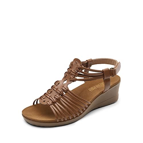 DREAM PAIRS Women's Comfortable Strappy Low Heel Open Toe Slip-On Wedge Sandals Arch Support for Summer Dressy Shoes,Size 7,Brown,SDPW2350W