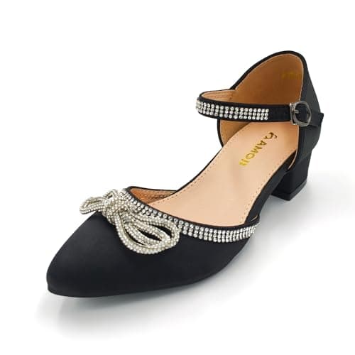 Amoji Girls Dress Shoes Heels Kid Closed Toe Sandals Rhinestone Wedding Princess Flower Shoes Prom Party Black KID413 2 Big Kid