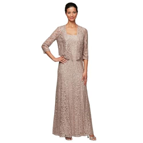Alex Evenings Women's Long Mother of the Bride Sequin Lace Jacket Dress with Illusion Sleeves (Petite and Regular Sizes), Buff, 8