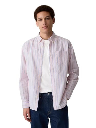 GAP Mens Long Sleeve Oxford Button Down Shirt Pink Blue Stripe M