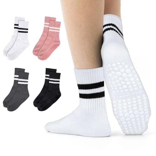 Pilates Socks with Grips for Women, 4 Pairs Grippy Socks, Non Slip Yoga Crew Socks for Barre‌, Barefoot Workout, Athletic, Hospital, Home (White, Gray, Black, Pink)