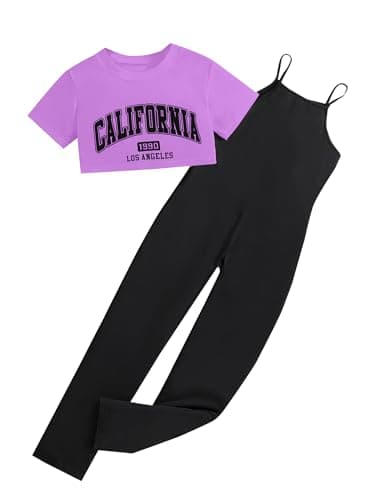Ecolala Girls' 2 Piece Jumpsuit Outfit, Graphic Short Sleeve Crop Top and Cami Pants Set, Casual Summer Clothes for Kids Black White 5-6Y