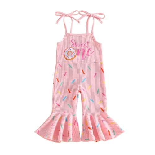 XRTBMN One Silly Goose Birthday Outfit Girl Flared Jumpsuit Infant Baby Waffle Sleeveless Tie Up Strawberry Romper Overalls (Pink Doughnut, 6-12 Months)