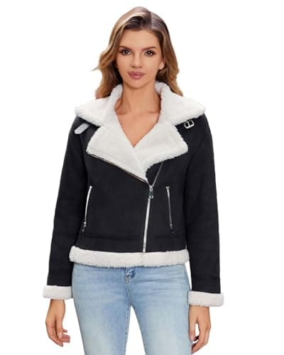 DIASHINY Women’s Faux Suede Fur Jacket Cropped Shearing Fur Lined Leather Coat Black L