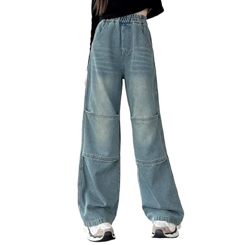 Rolanko Girls Jeans Baggy Denim Pants for Girls Elastic Waist Wide Leg Jeans for Kids Loose Fit (Knee Stitching, 8-9 Years)