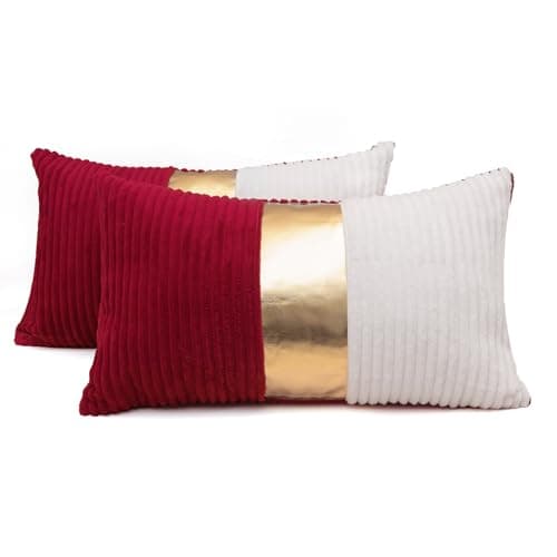 Auomily Red and Cream White Boho Striped Corduroy Throw Pillow Covers with Pink Leather Patchwork 12x20 Inch, Pack of 2, Double-Sided, Soft Home Decorative Pillows for Couch and Living Room