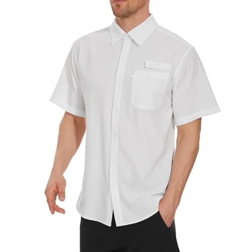 BASSDASH Men's UPF 50+ Short Sleeve Button Down Fishing Shirt Breathable Lightweight for Outdoors Hiking Camping White