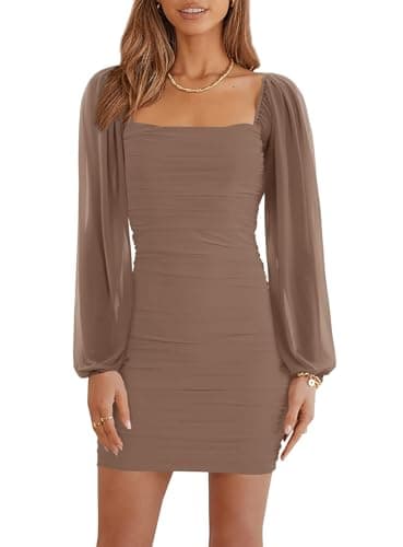 Womens Mesh Long Sleeve Square Neck Ruched Cocktail Bodycon Mini Dresses