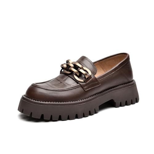 BEAU TODAY Chunky Loafers Women,Leather Platform Loafers for Women,Lug Sole Slip On Chain Shoes,Comfortable Work Office Business Casual Office Dress Shoes Brown US 10