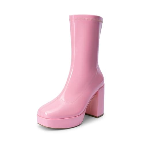 DREAM PAIRS Women's Mid Calf Gogo Boots Platform High Chunky Block Heel Square Toe Ankle Boots,Size 7.5,Pink,SDMB2410W