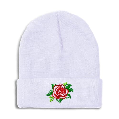 Beanies for Men Rose Flower Style A No Border Embroidery Flowers and Plants Color Winter Hats for Women Acrylic Skull Cap 1 Size White Design Only