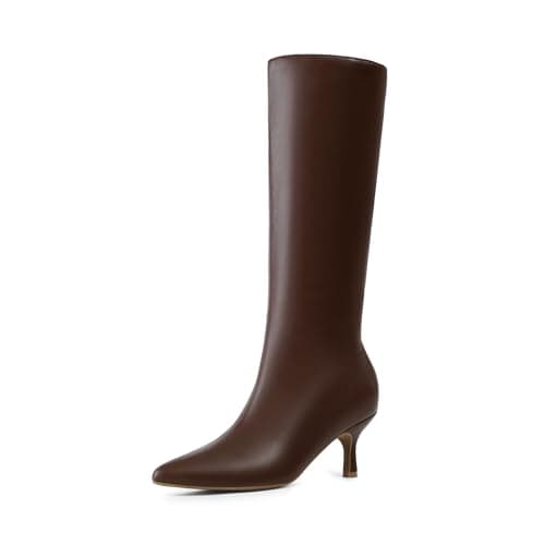 DREAM PAIRS Women's Knee High Kitten Heel Boots Sexy Pointed Toe Fashion Long Tall Boots,Size 11,Brown-Pu,DWUMKB2507